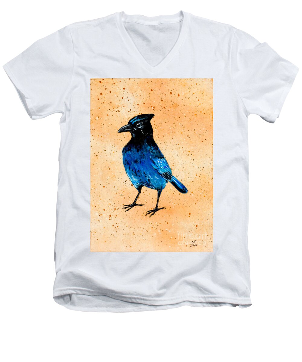  Men's V-Neck T-Shirt featuring the painting Stellar jay by Stefanie Forck