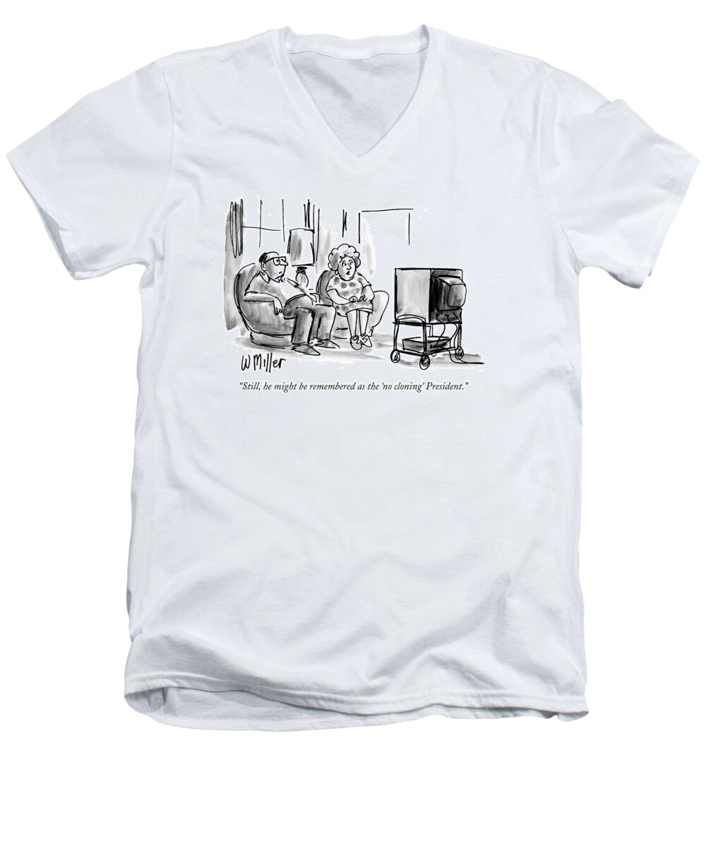 Technology Men's V-Neck T-Shirt featuring the drawing Still, He Might Be Remembered As The 'no Cloning' by Warren Miller