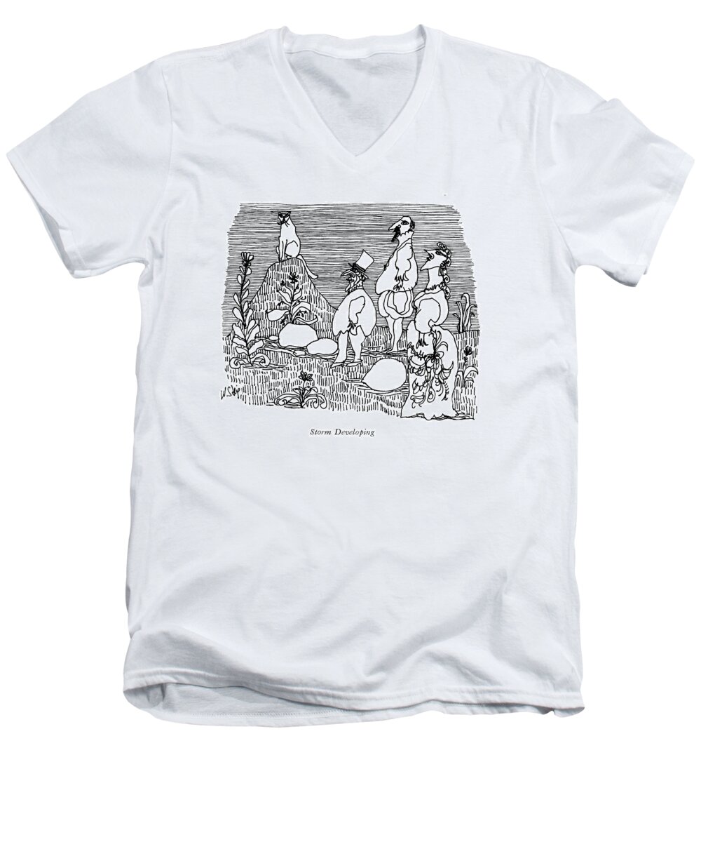 'storm Developing'
(three People In Elizabethan Dress Stand Outdoors Looking Up At A Dark Sky. A Cat Sits On A Hill.) Weather Men's V-Neck T-Shirt featuring the drawing 'storm Developing' by William Steig