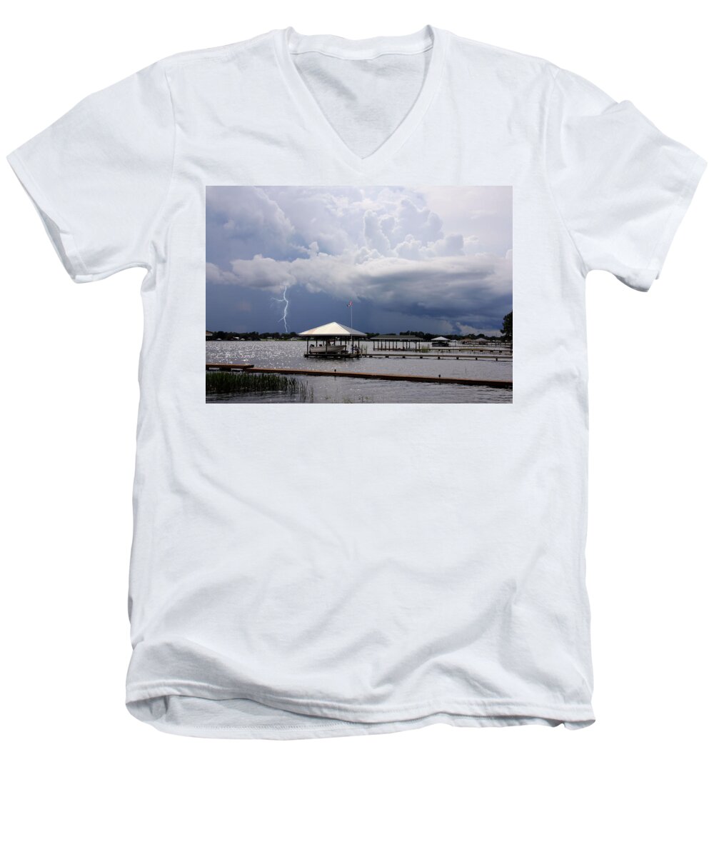 Storm Men's V-Neck T-Shirt featuring the photograph Storm Over Clay Lake by Rosalie Scanlon