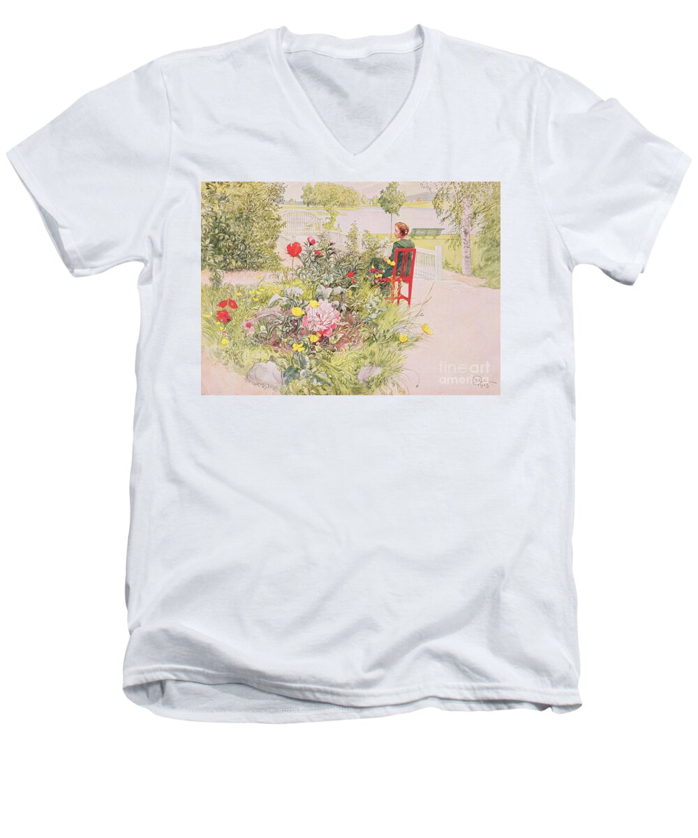 Landscape; Park; Garden; Female; Seated Men's V-Neck T-Shirt featuring the painting Summer in Sundborn by Carl Larsson