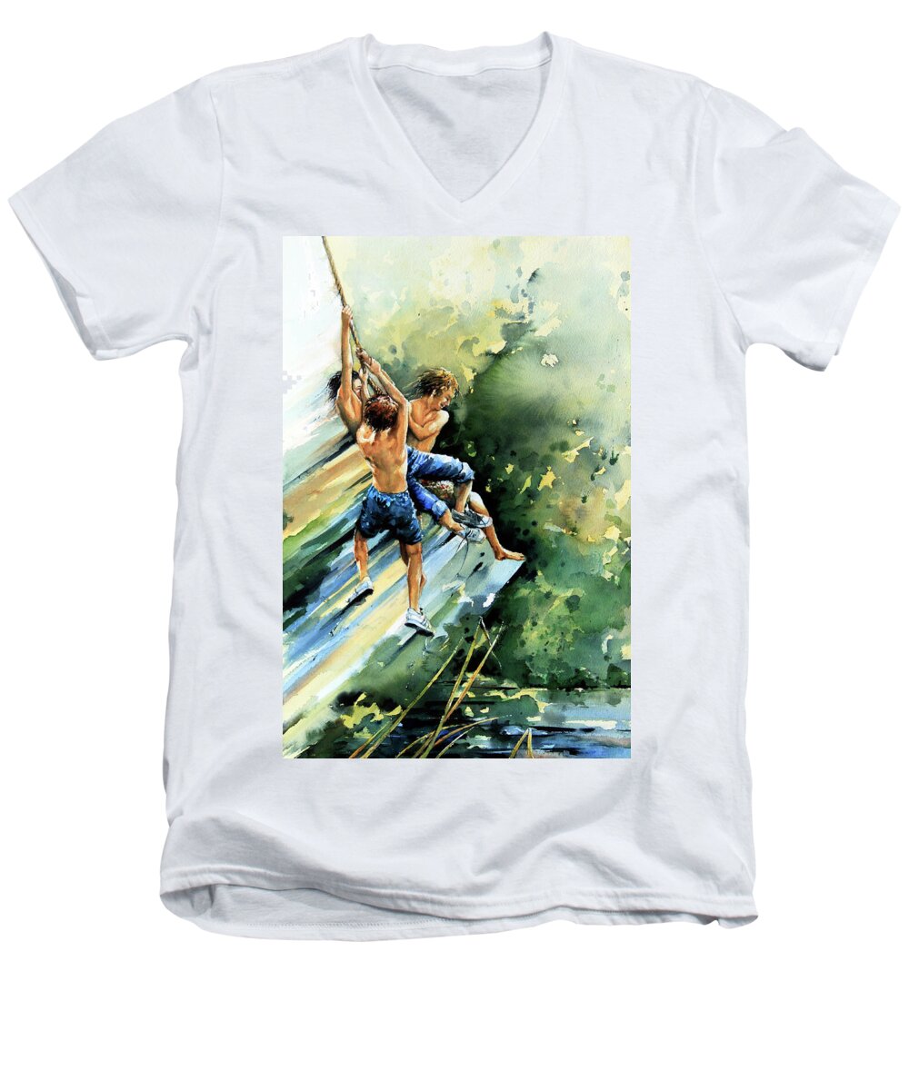 Rope Swing Painting Men's V-Neck T-Shirt featuring the painting Summer Memories by Hanne Lore Koehler