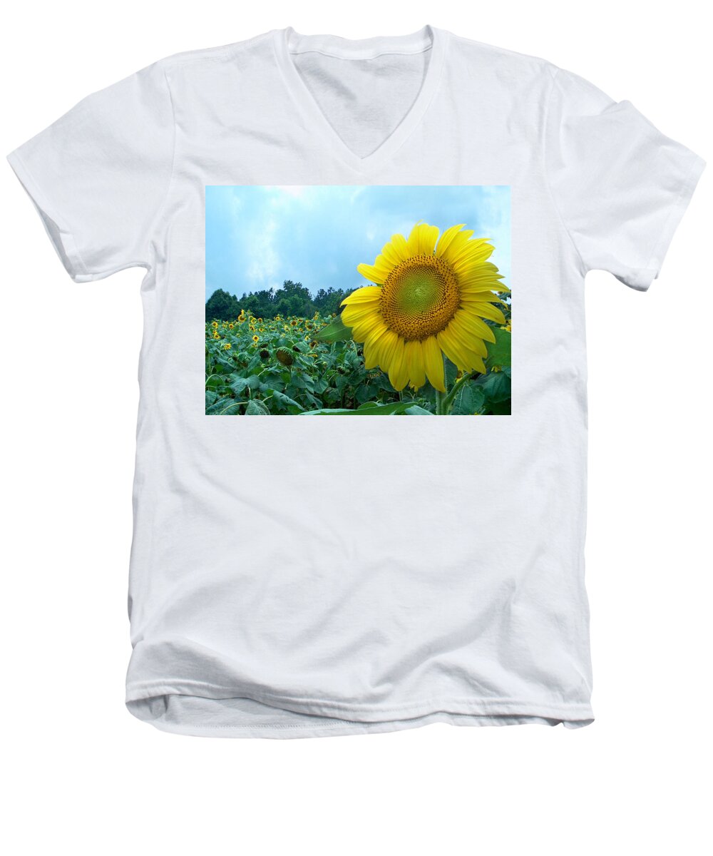 Sunflower Photographs Men's V-Neck T-Shirt featuring the photograph Sunflower Field of Yellow Sunflowers by Jan Marvin Studios by Jan Marvin