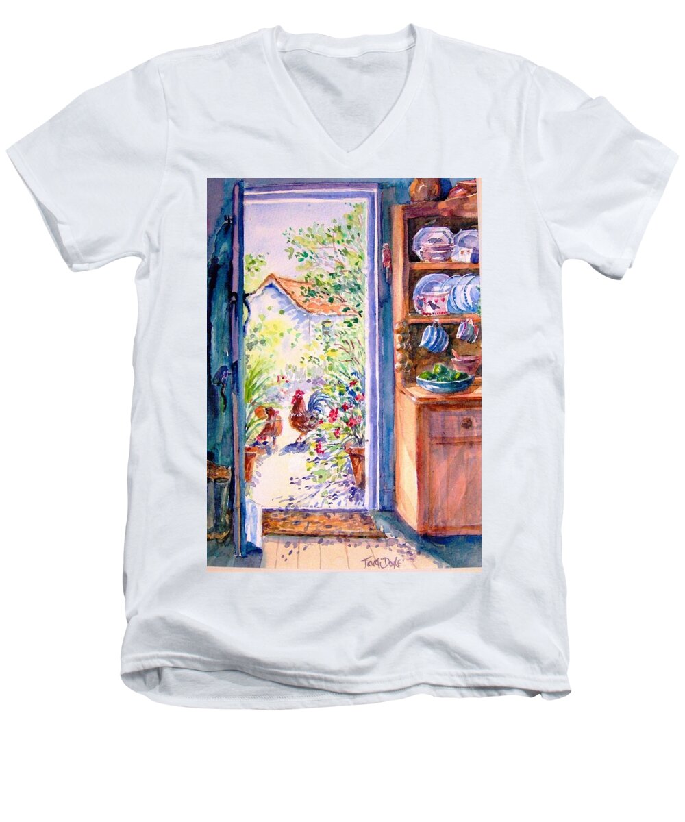 Sunlit Cottage Men's V-Neck T-Shirt featuring the painting Sunlit Cottage Doorway by Trudi Doyle