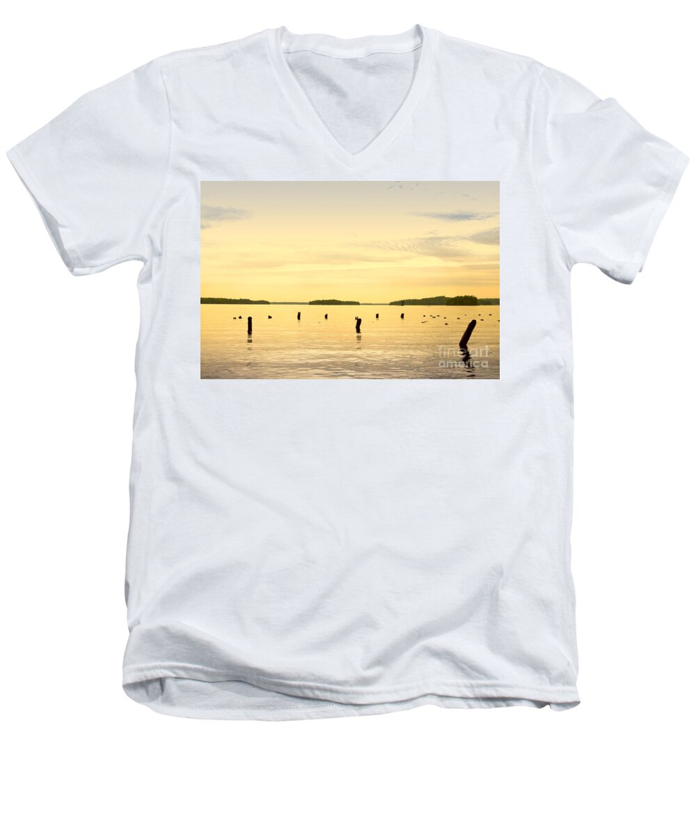 Lake Men's V-Neck T-Shirt featuring the photograph Sunset at Lake Muskoka by Les Palenik