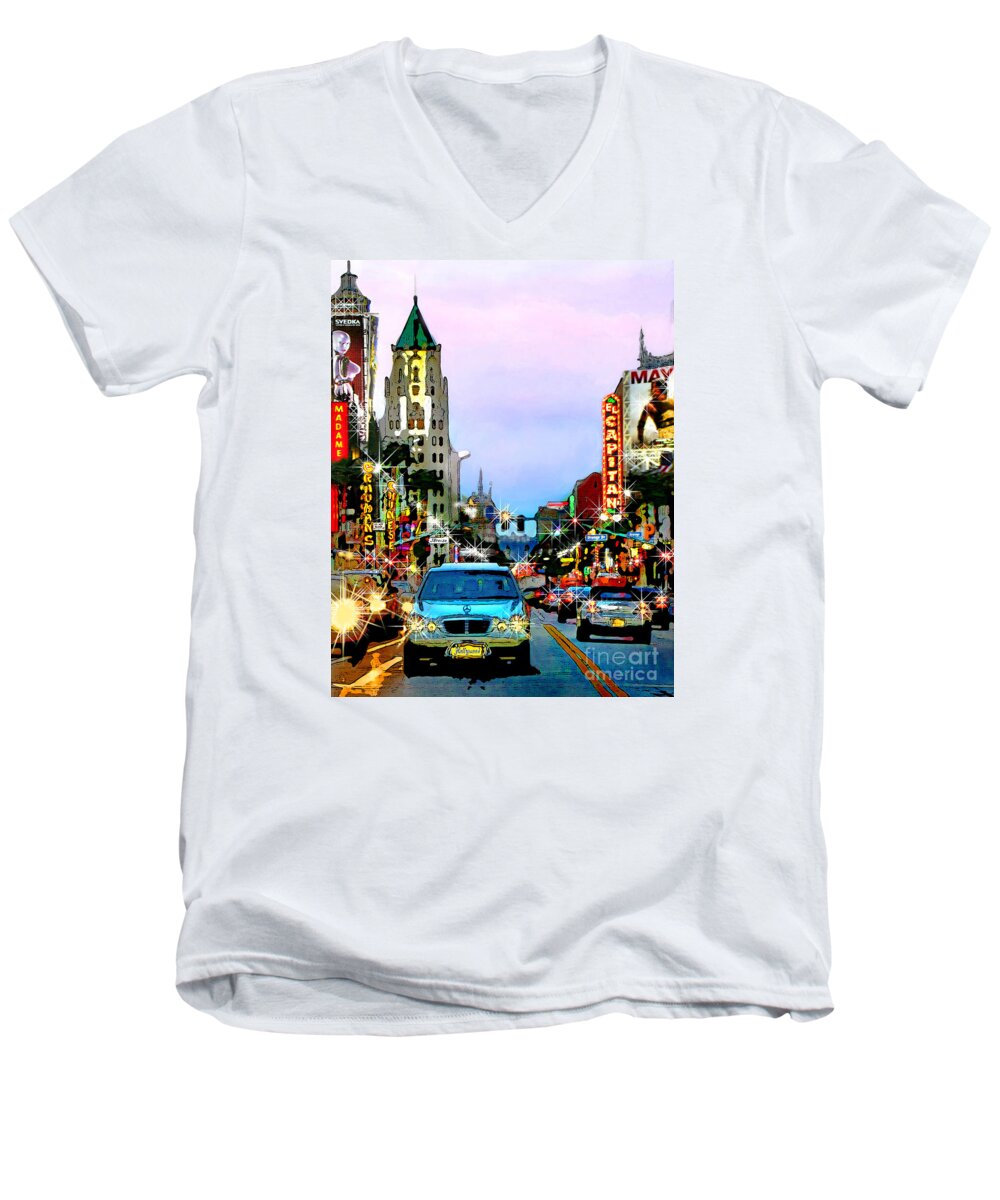 T-shirt Design Men's V-Neck T-Shirt featuring the digital art Sunset on Hollywood Blvd by Jennie Breeze