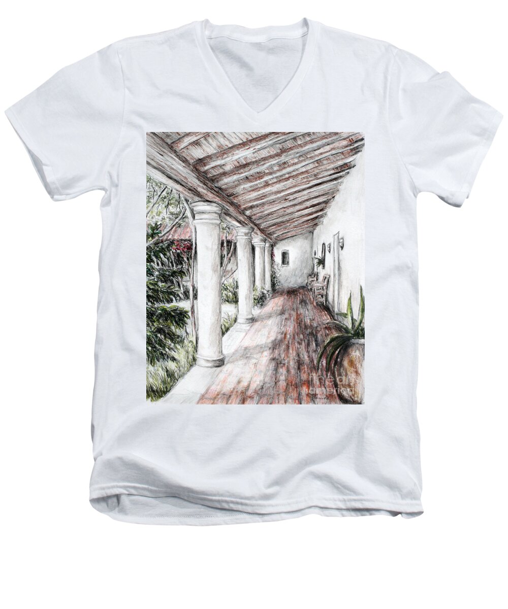 Portico Men's V-Neck T-Shirt featuring the drawing Sunshine on portico by Danuta Bennett