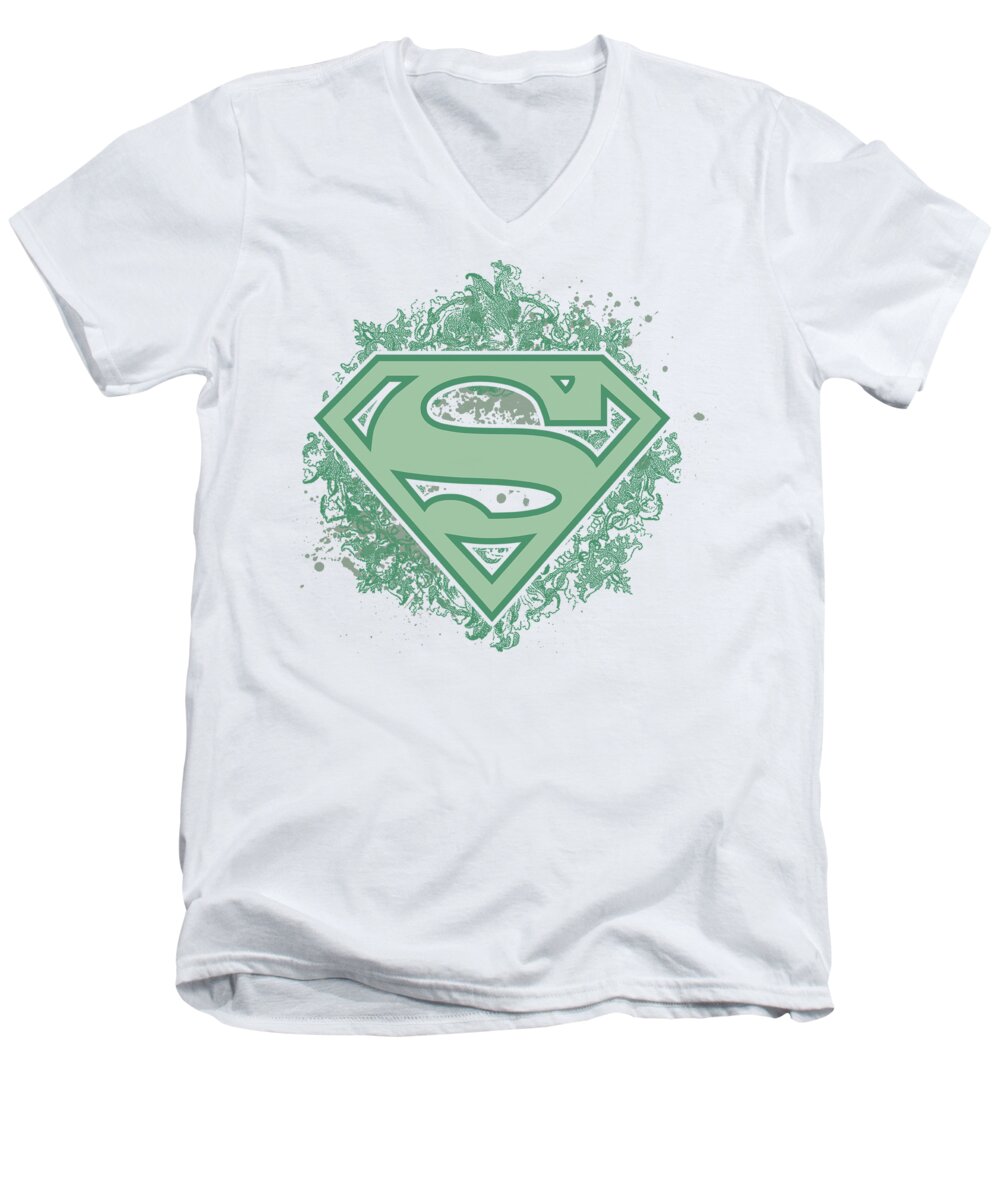 Superman Men's V-Neck T-Shirt featuring the digital art Superman - Ornate Shield by Brand A