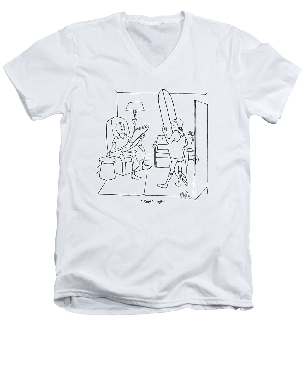 

 Unattractive Wife Men's V-Neck T-Shirt featuring the drawing Surf's Up! by George Price