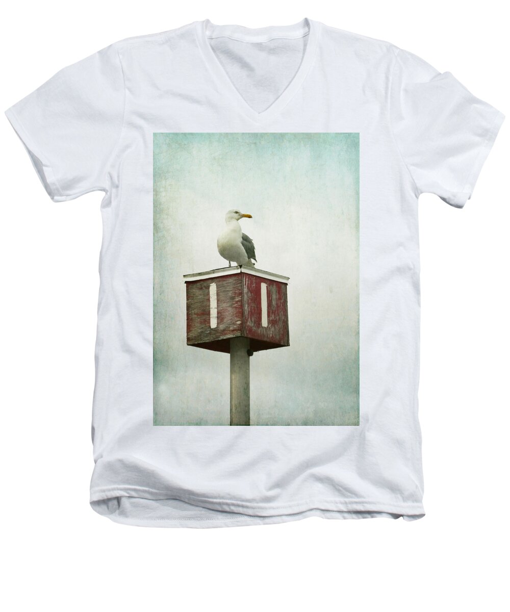Wingaersheek Beach Men's V-Neck T-Shirt featuring the photograph Gull with Blue and Red by Brooke T Ryan