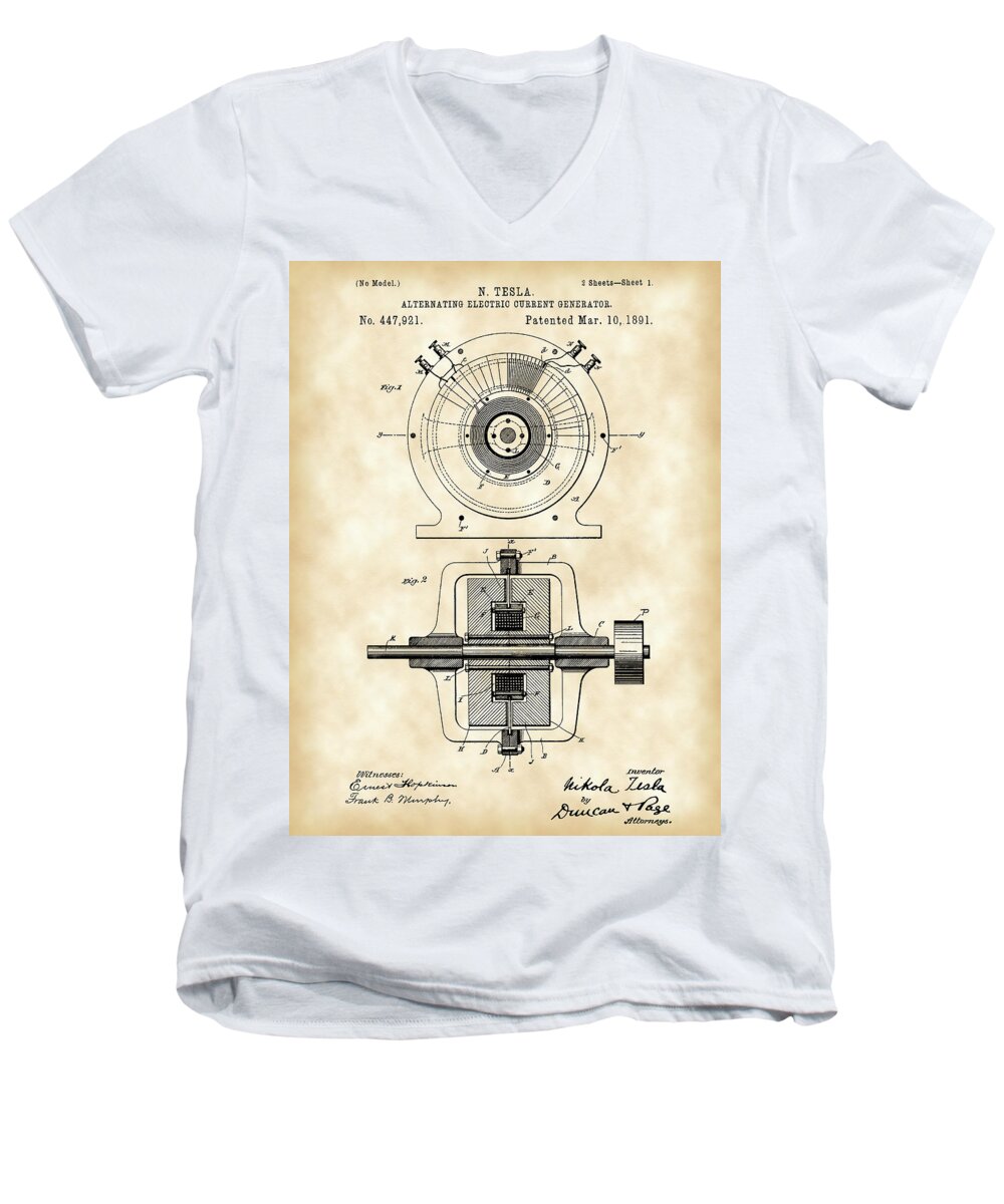Patent Men's V-Neck T-Shirt featuring the digital art Tesla Alternating Electric Current Generator Patent 1891 - Vintage by Stephen Younts