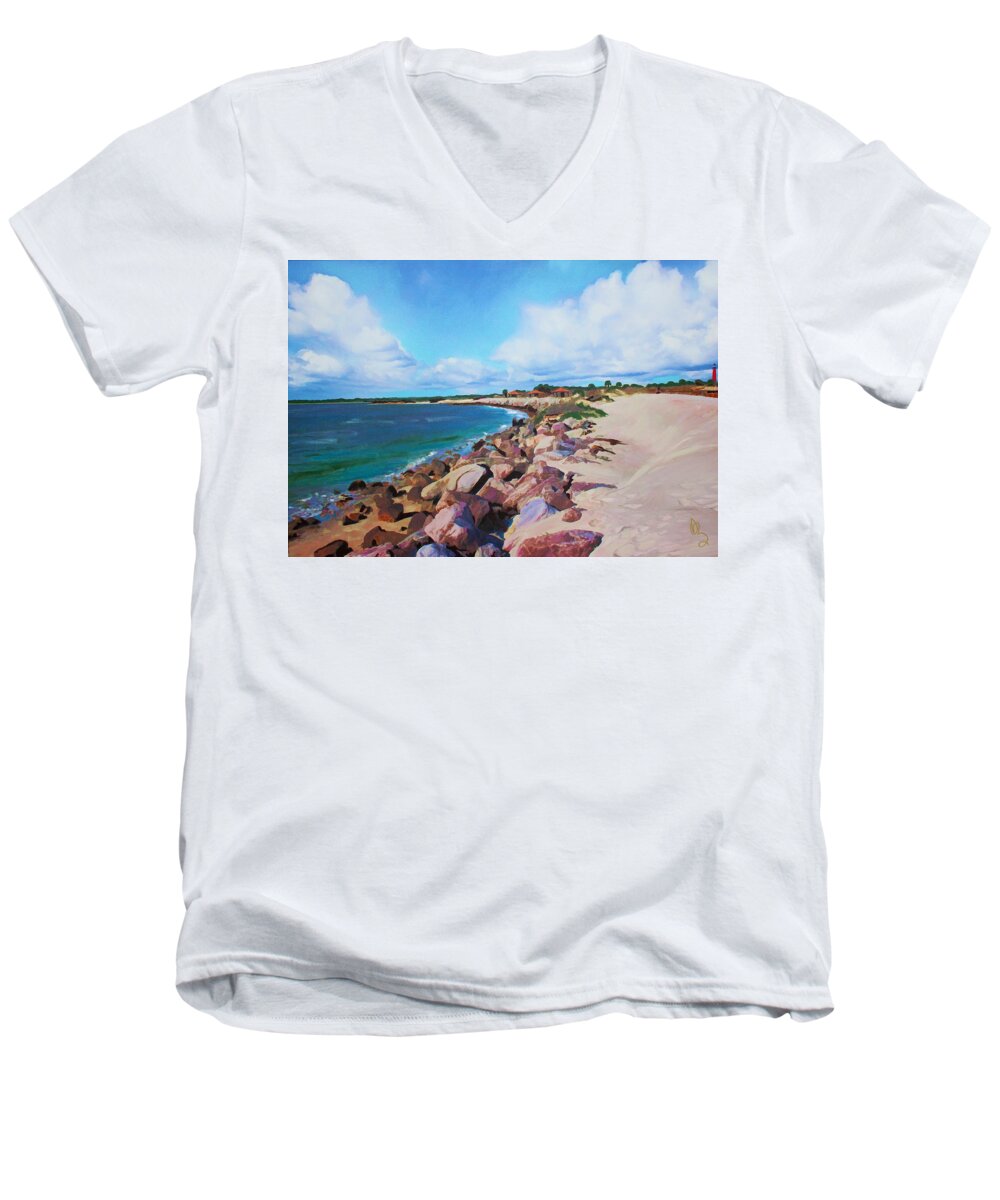 Beach Men's V-Neck T-Shirt featuring the painting The Beach At Ponce Inlet by Deborah Boyd