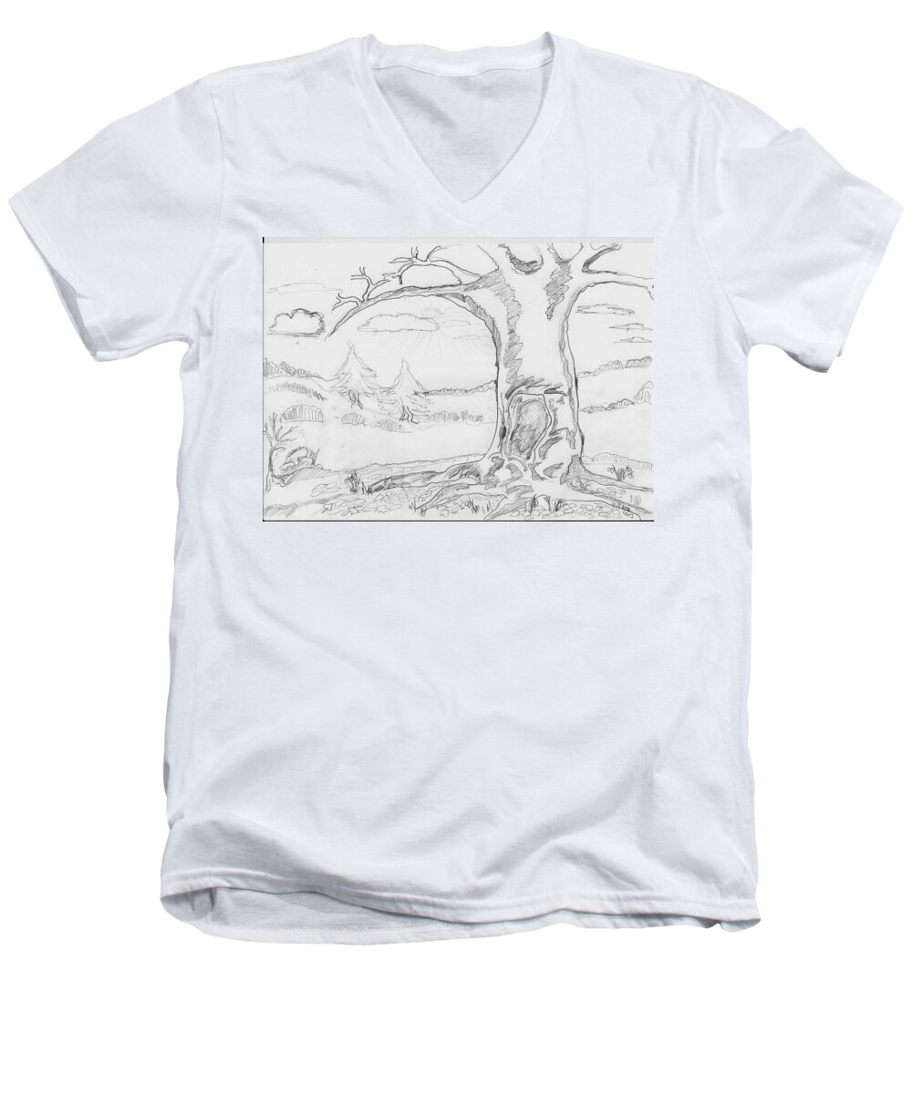 Landscape Men's V-Neck T-Shirt featuring the painting The big oak by Felicia Tica