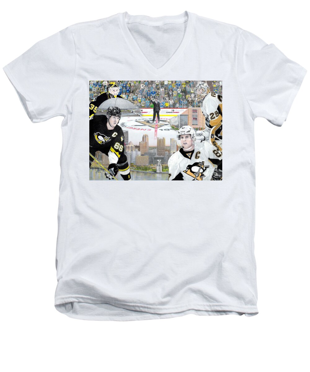 Pittsburgh Penguins Men's V-Neck T-Shirt featuring the painting The Changing of the Guard by Albert Puskaric