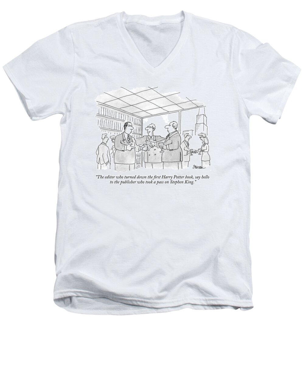Potter Men's V-Neck T-Shirt featuring the drawing The Editor Who Turned Down The First Harry Potter by Jack Ziegler