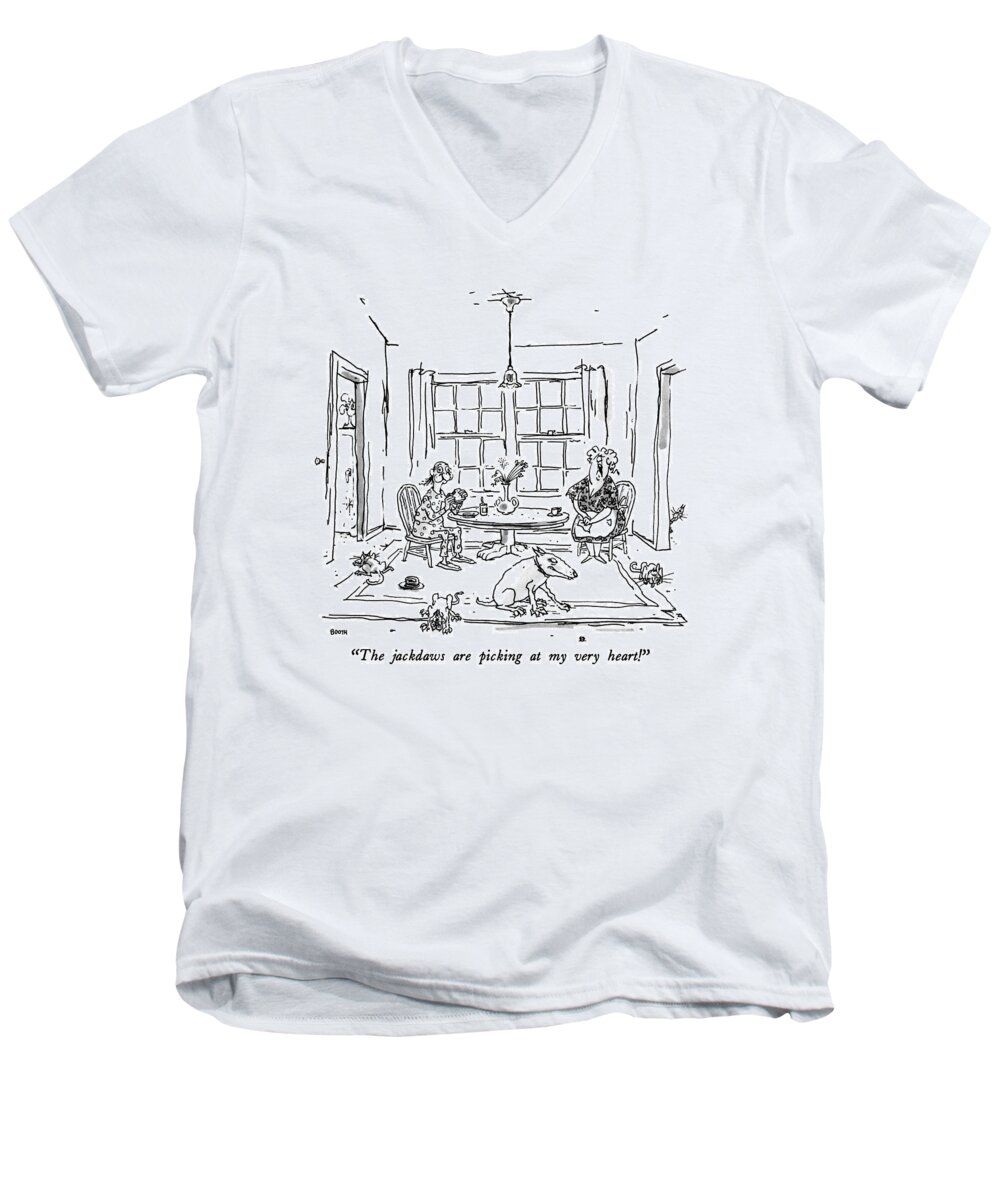 

 Woman Laments In Dishevelled House. Her Unkempt Husband Sits Across From Her At The Dining Room Table And Mangy Pets Lay Around The House. Birds Men's V-Neck T-Shirt featuring the drawing The Jackdaws Are Picking At My Very Heart! by George Booth