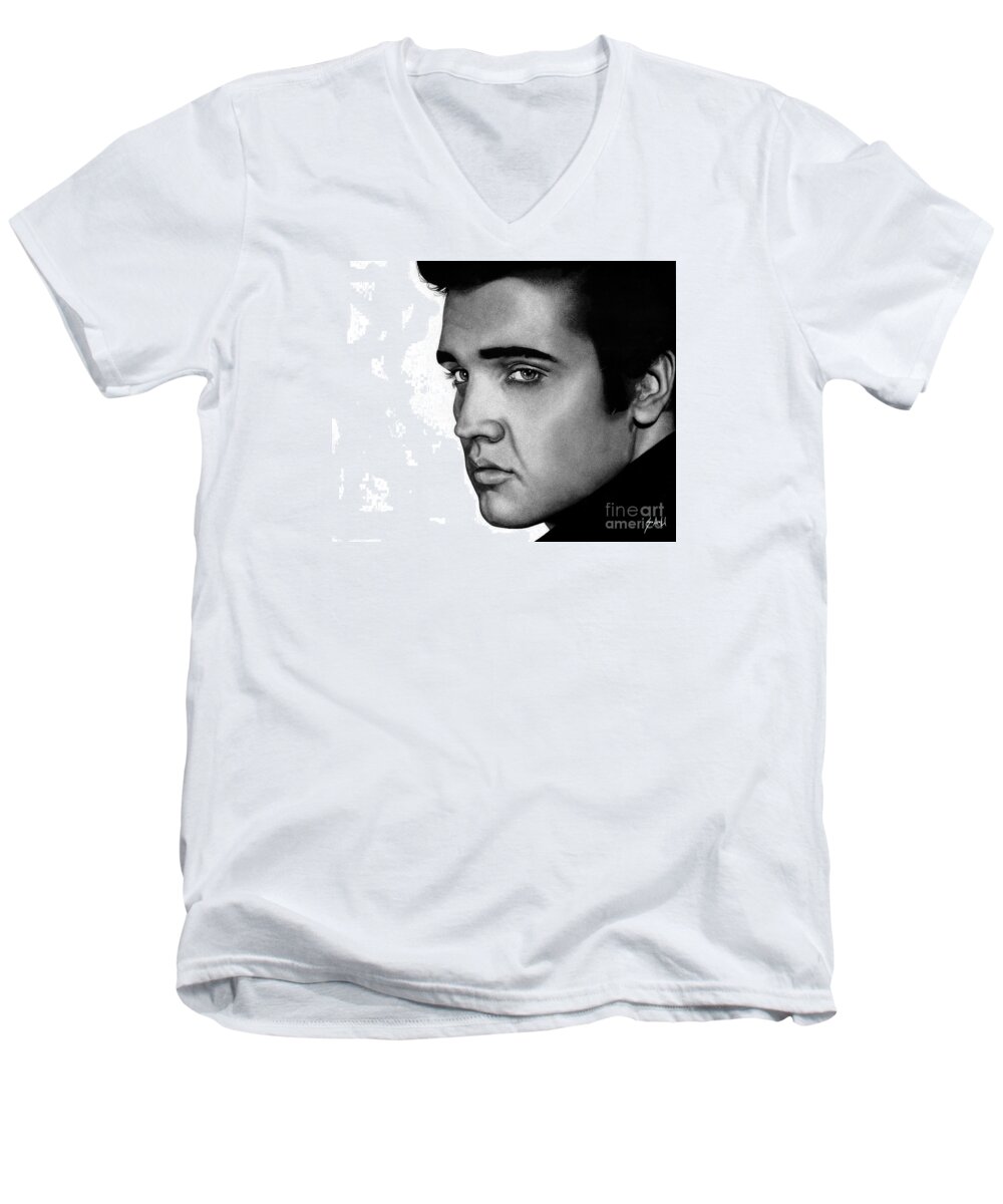 Elvis Men's V-Neck T-Shirt featuring the drawing The King by Sheryl Unwin