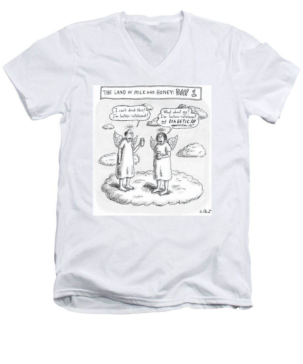 Diet Men's V-Neck T-Shirt featuring the drawing The Land Of Milk And Honey: Day 1 by Roz Chast