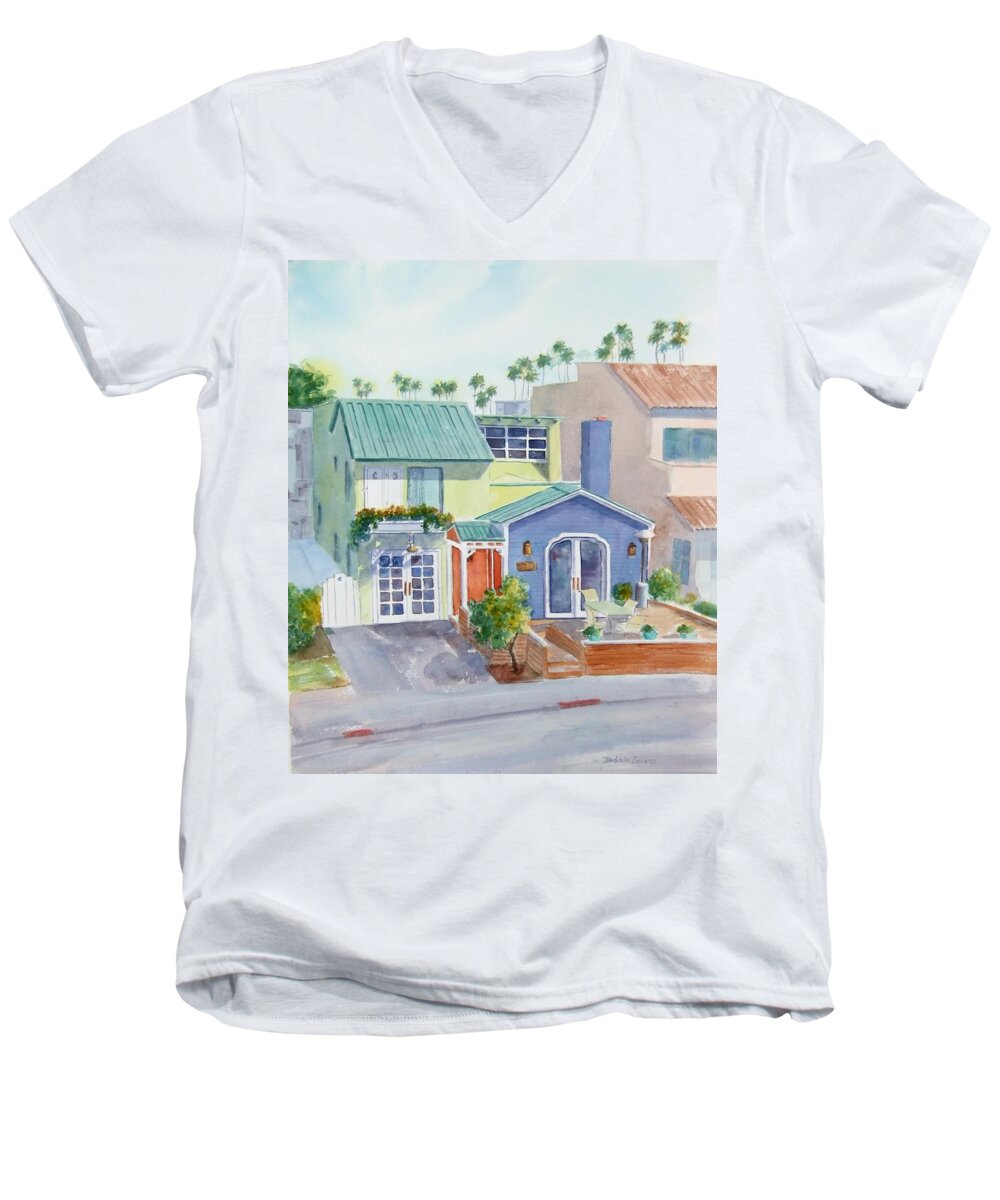Belmont Shore Men's V-Neck T-Shirt featuring the painting The Most Colorful Home in Belmont Shore by Debbie Lewis