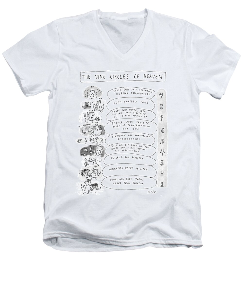 Heaven Men's V-Neck T-Shirt featuring the drawing The Nine Circles Of Heaven by Roz Chast