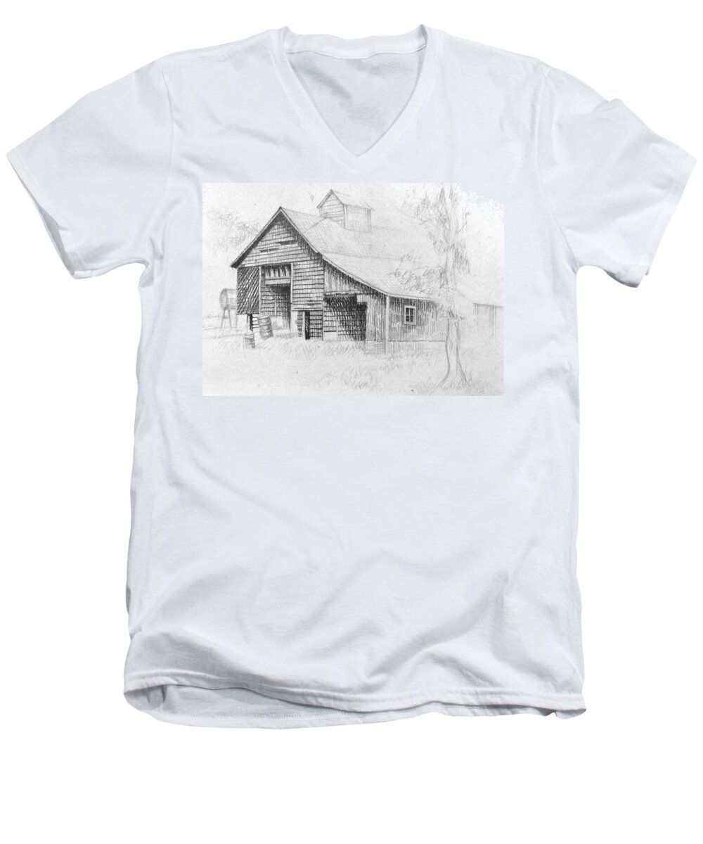 Art Men's V-Neck T-Shirt featuring the drawing The Old Barn by Bern Miller