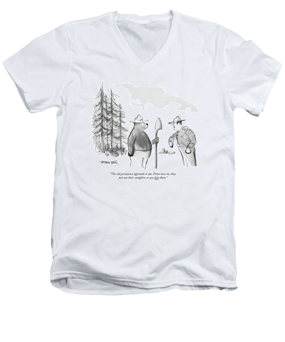
 Forest Ranger Speaking To Smokey The Bear. Parks Men's V-Neck T-Shirt featuring the drawing The Old Persuasive Approach Is Out. From Now by Donald Reilly