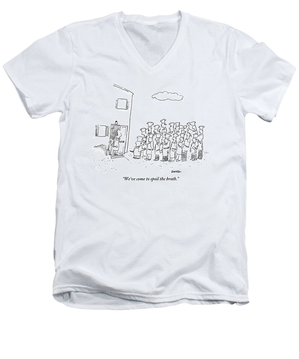 Chefs Men's V-Neck T-Shirt featuring the drawing The Spokesman For A Hoard Of Chefs Addresses by Ken Krimstein