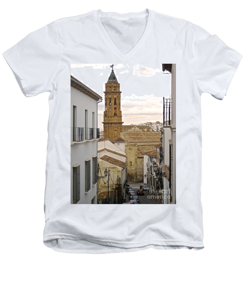 Spain Pueblos Blancos Andalucia Men's V-Neck T-Shirt featuring the photograph The Town Tower by Suzanne Oesterling