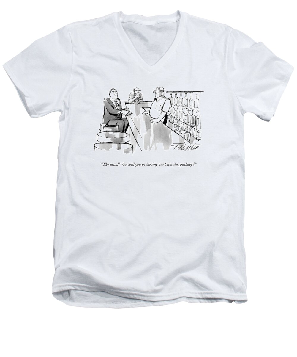 
(bartender To Customer)
Bars Men's V-Neck T-Shirt featuring the drawing The Usual? Or Will You Be Having Our 'stimulus by Mischa Richter