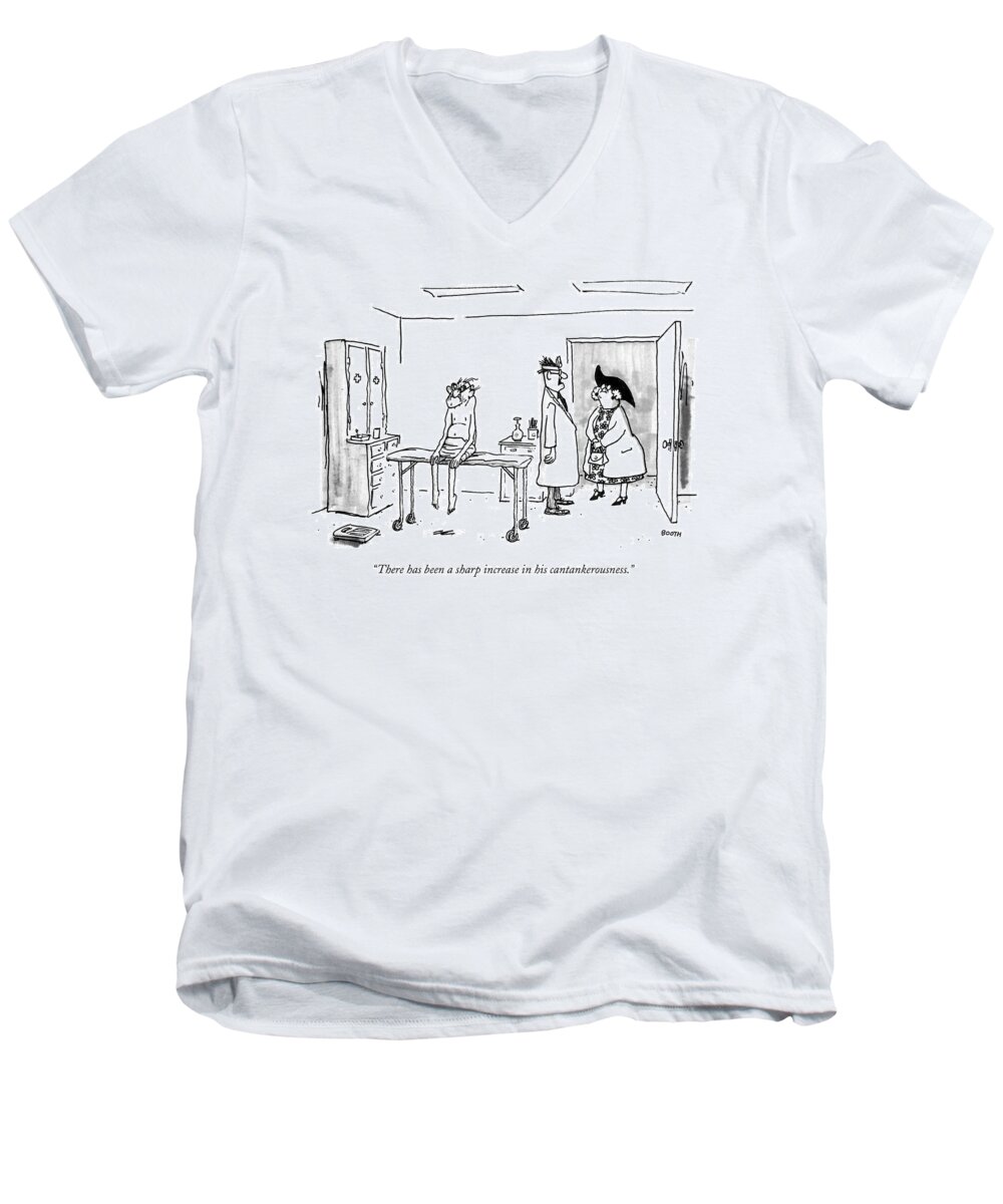 

 Doctor To Woman About Old Man Who Is Sitting On Table Stripped To Waist After A Check-up. Old Age Men's V-Neck T-Shirt featuring the drawing There Has Been A Sharp Increase by George Booth