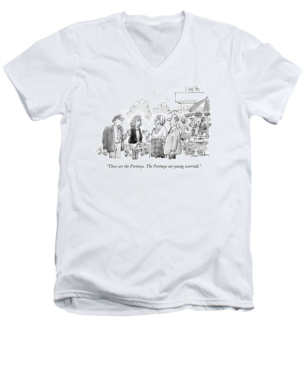 
(young Men's V-Neck T-Shirt featuring the drawing These Are The Fortneys. The Fortneys Are Young by Dana Fradon