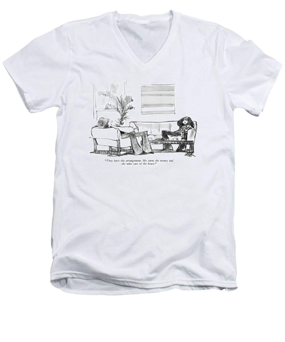 (two Women Talking.) Men's V-Neck T-Shirt featuring the drawing They Have This Arrangement. He Earns The Money by Robert Weber