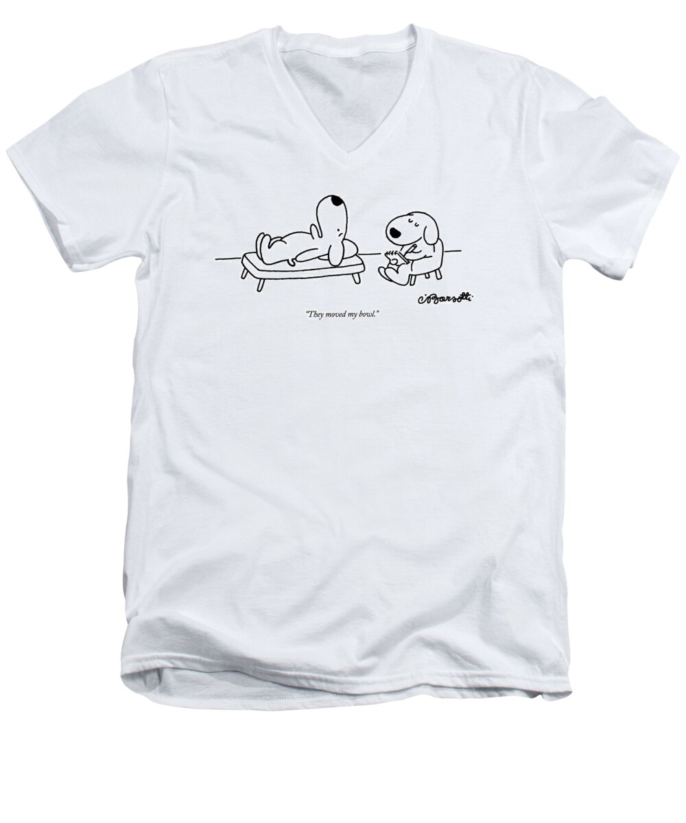 Animals Men's V-Neck T-Shirt featuring the drawing They Moved My Bowl by Charles Barsotti