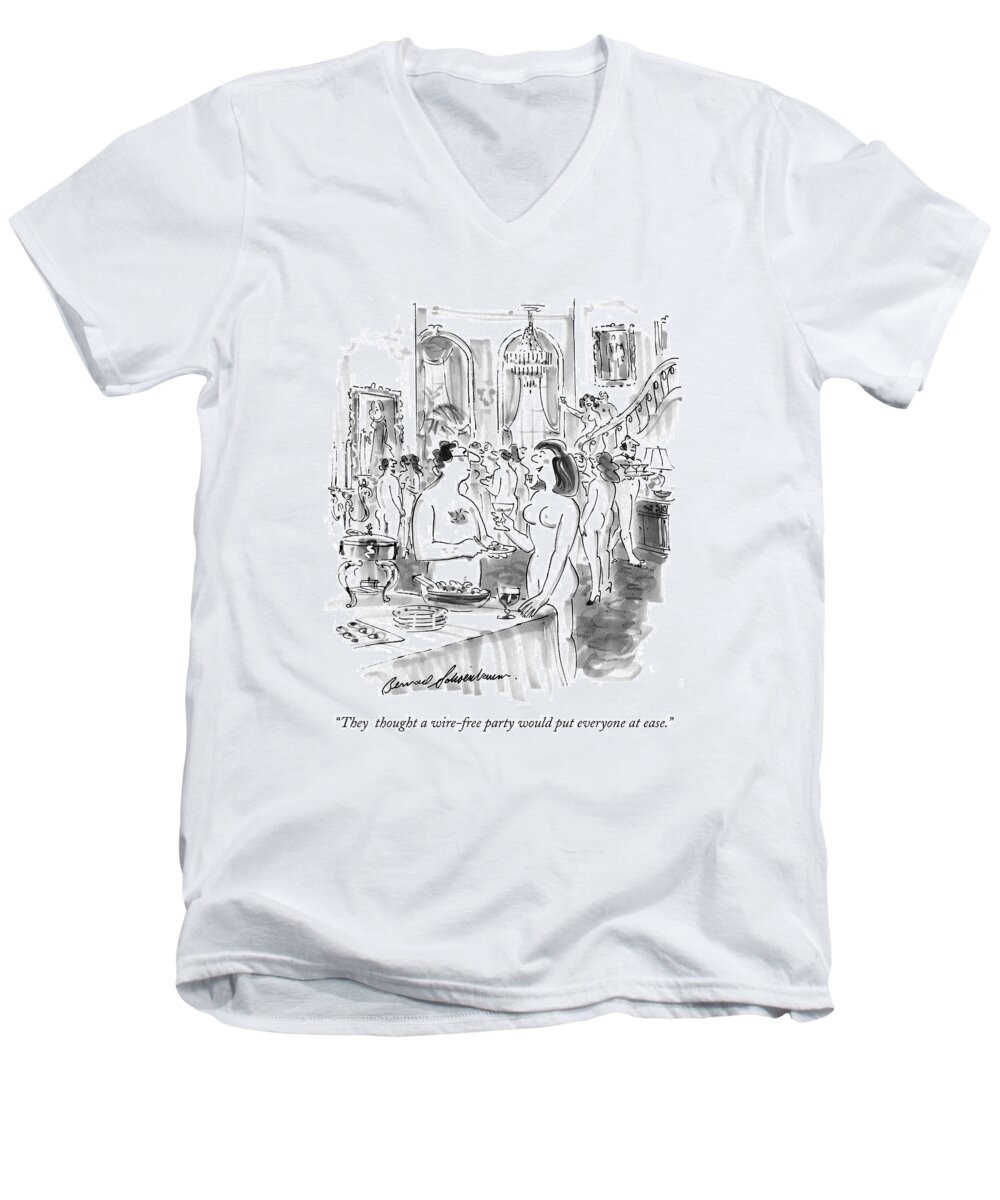 Wire Tap Men's V-Neck T-Shirt featuring the drawing They Thought A Wire-free Party Would Put by Bernard Schoenbaum