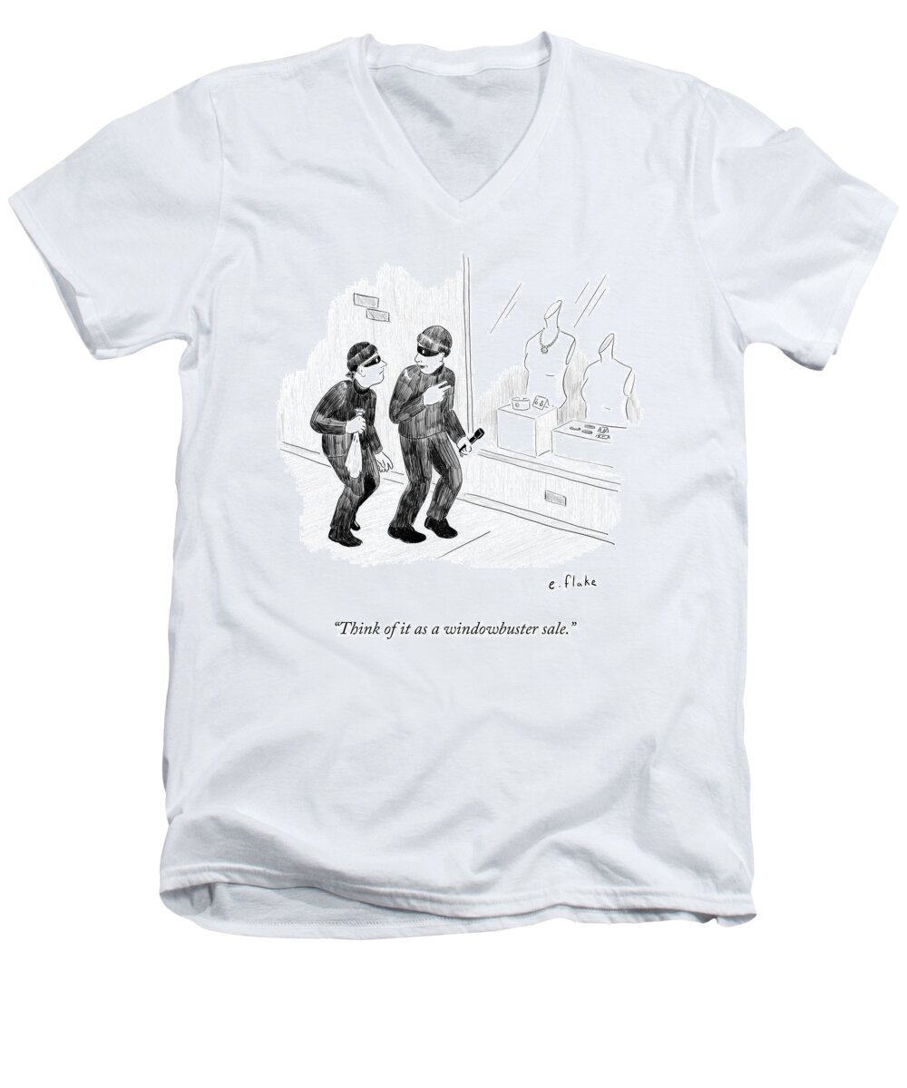 Think Of It As A Windowbuster Sale.' Men's V-Neck T-Shirt featuring the drawing Think Of It As A Windowbuster Sale by Emily Flake