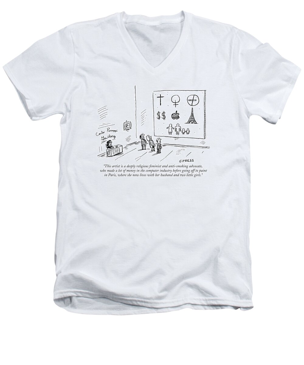 Symbols Men's V-Neck T-Shirt featuring the drawing This Artist Is A Deeply Religious Feminist by David Sipress