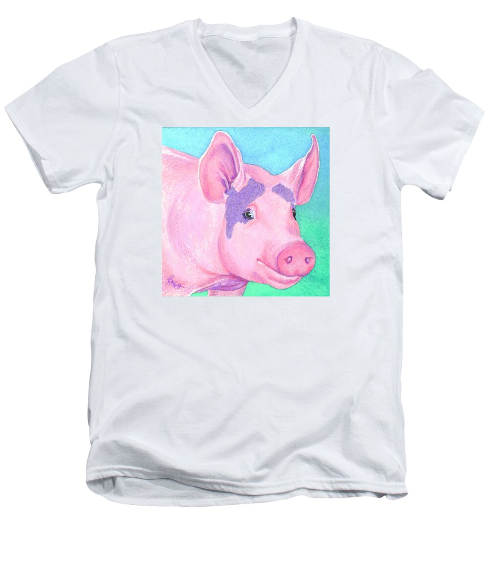 Pig Men's V-Neck T-Shirt featuring the painting This Little Piggy by Ann Ranlett