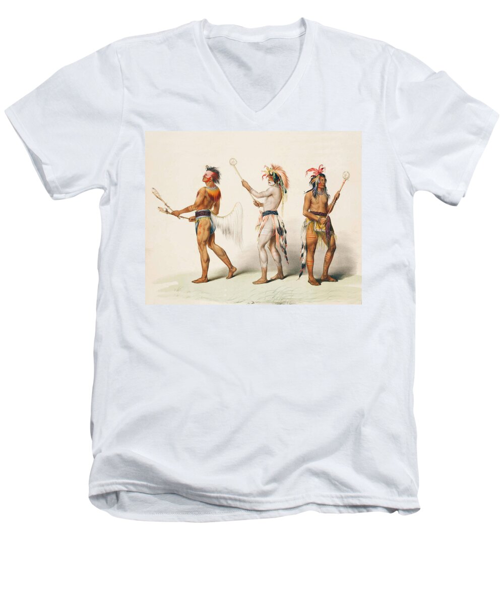 Three Indians Playing Lacrosse Men's V-Neck T-Shirt featuring the digital art Three Indians Playing Lacrosse by Unknown