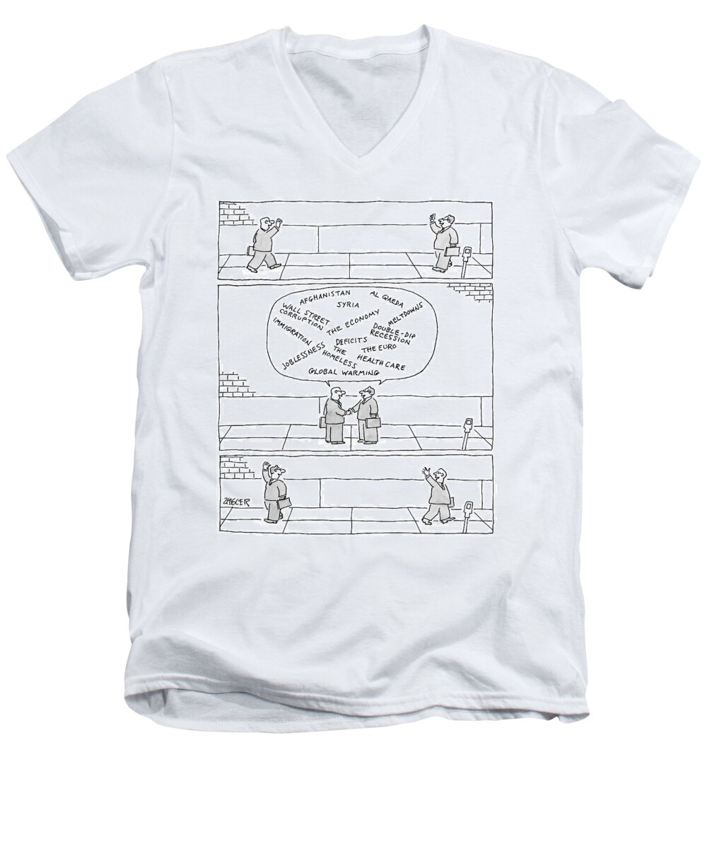 Street Scenes Men's V-Neck T-Shirt featuring the drawing Three Panels. First: Two Businessmen Greet Each by Jack Ziegler