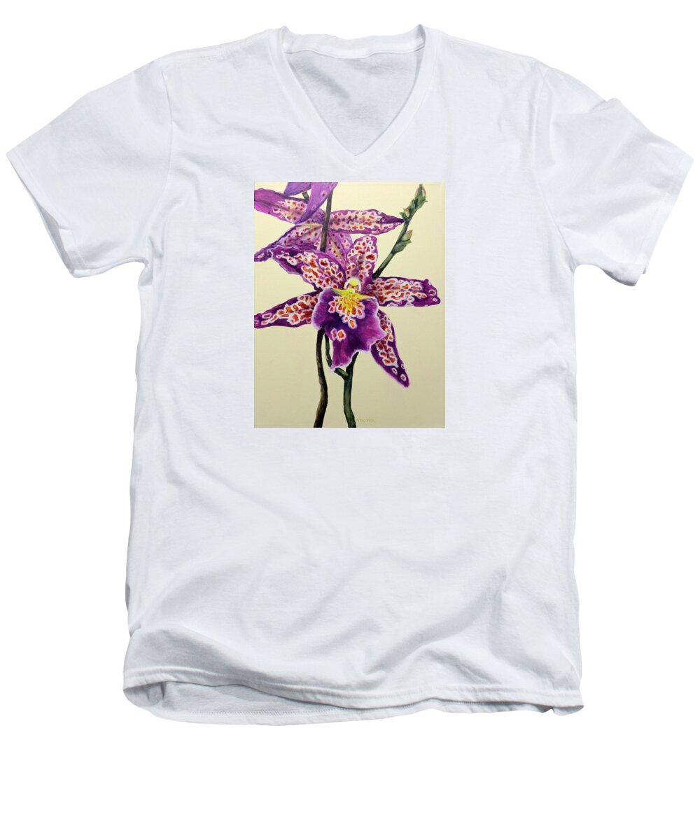 Orchid Men's V-Neck T-Shirt featuring the painting Tiger Orchid by Mary Palmer