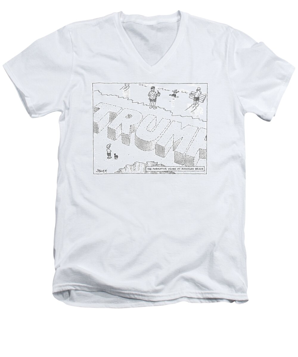 Trump Men's V-Neck T-Shirt featuring the drawing Title: The Formative Years At Rockaway Beach by Jack Ziegler