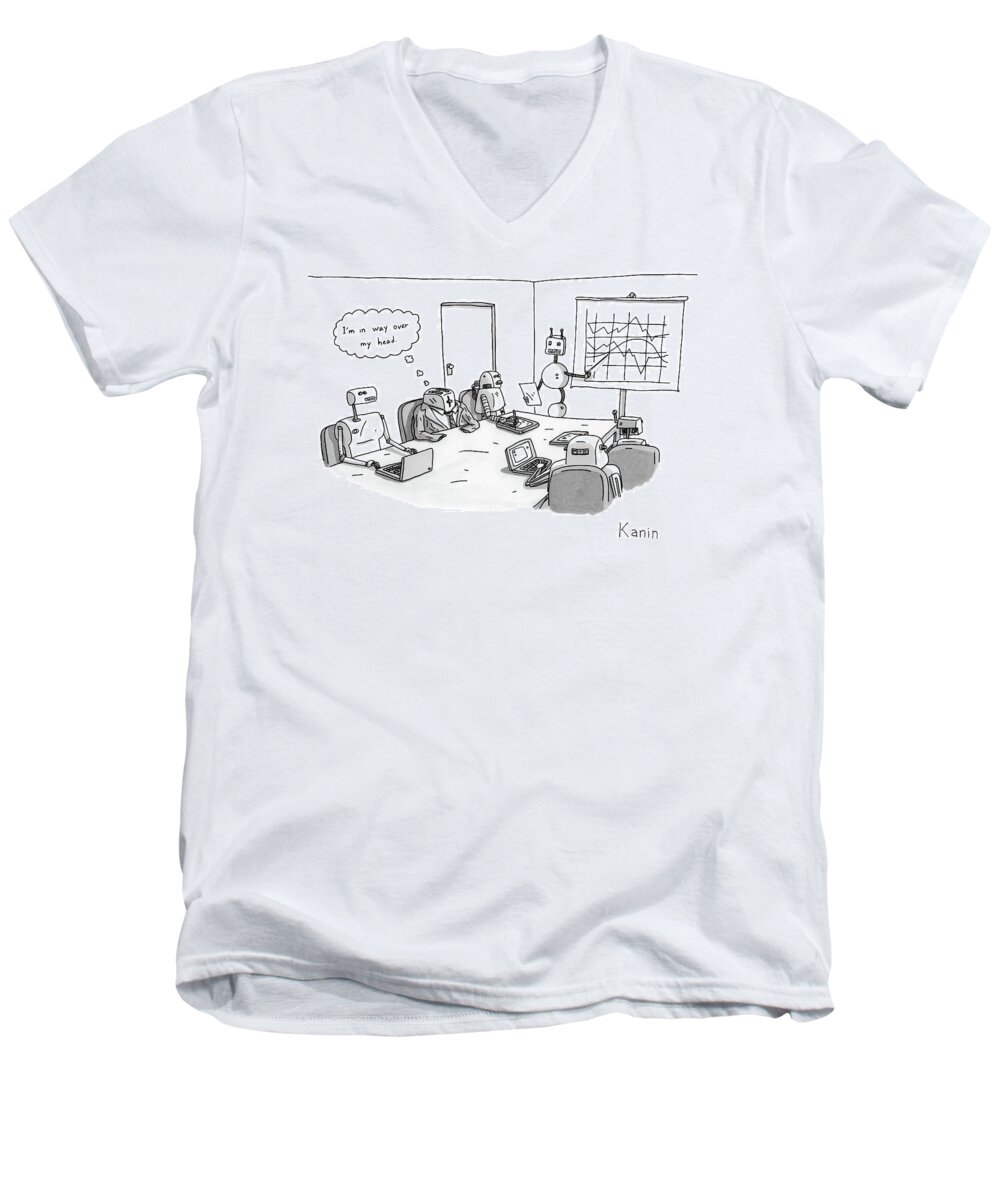 Toasters Men's V-Neck T-Shirt featuring the drawing Toaster-headed Man In A Business Meeting by Zachary Kanin