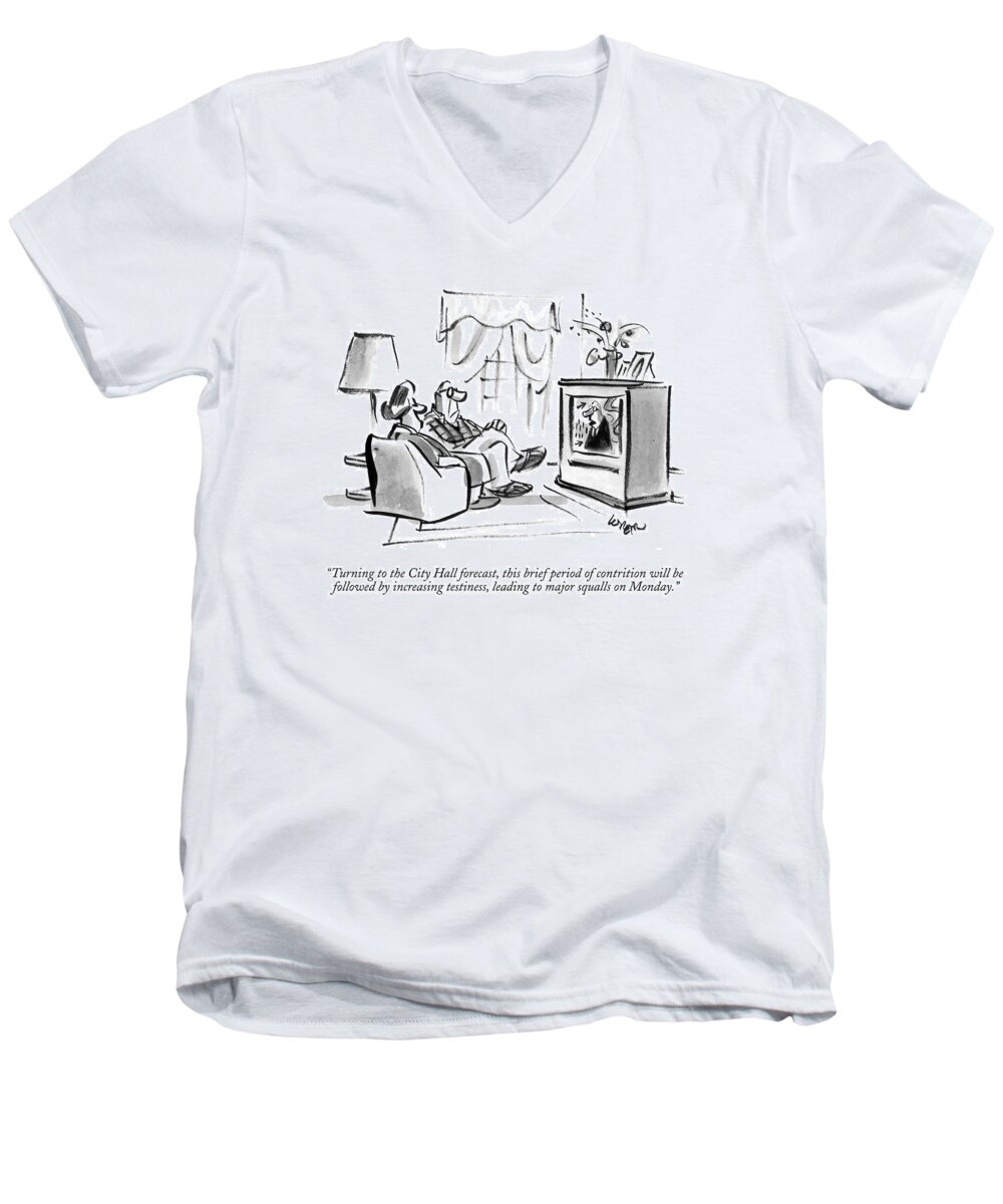 Giuliani Men's V-Neck T-Shirt featuring the drawing Turning To The City Hall Forecast by Lee Lorenz