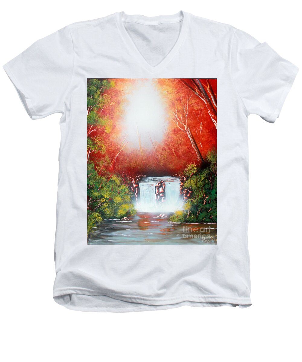 Sundown Men's V-Neck T-Shirt featuring the painting Twin Falls by Greg Moores