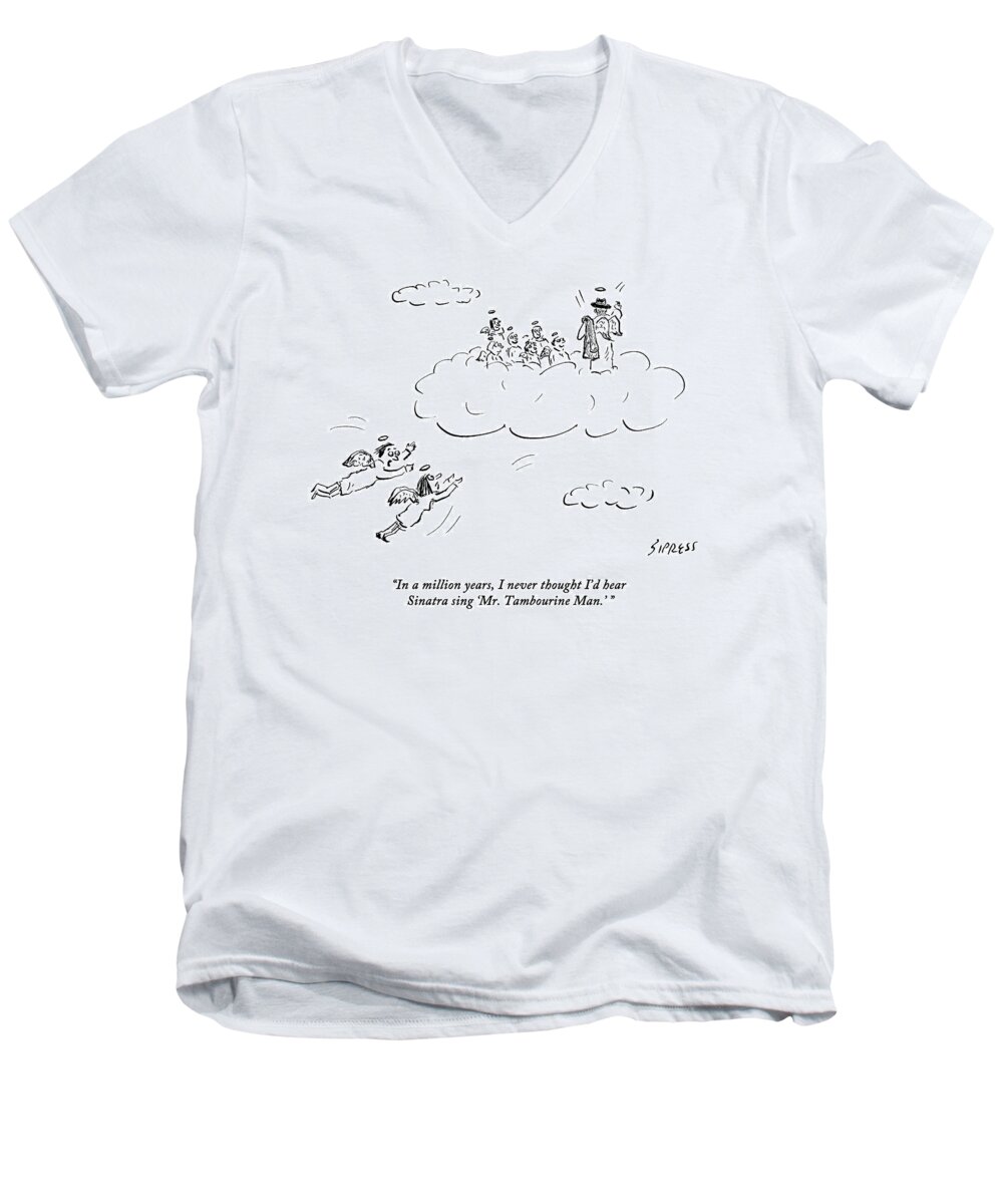 Bob Dylan Men's V-Neck T-Shirt featuring the drawing Two Angels Speak As They Look At Frank Sinatra by David Sipress