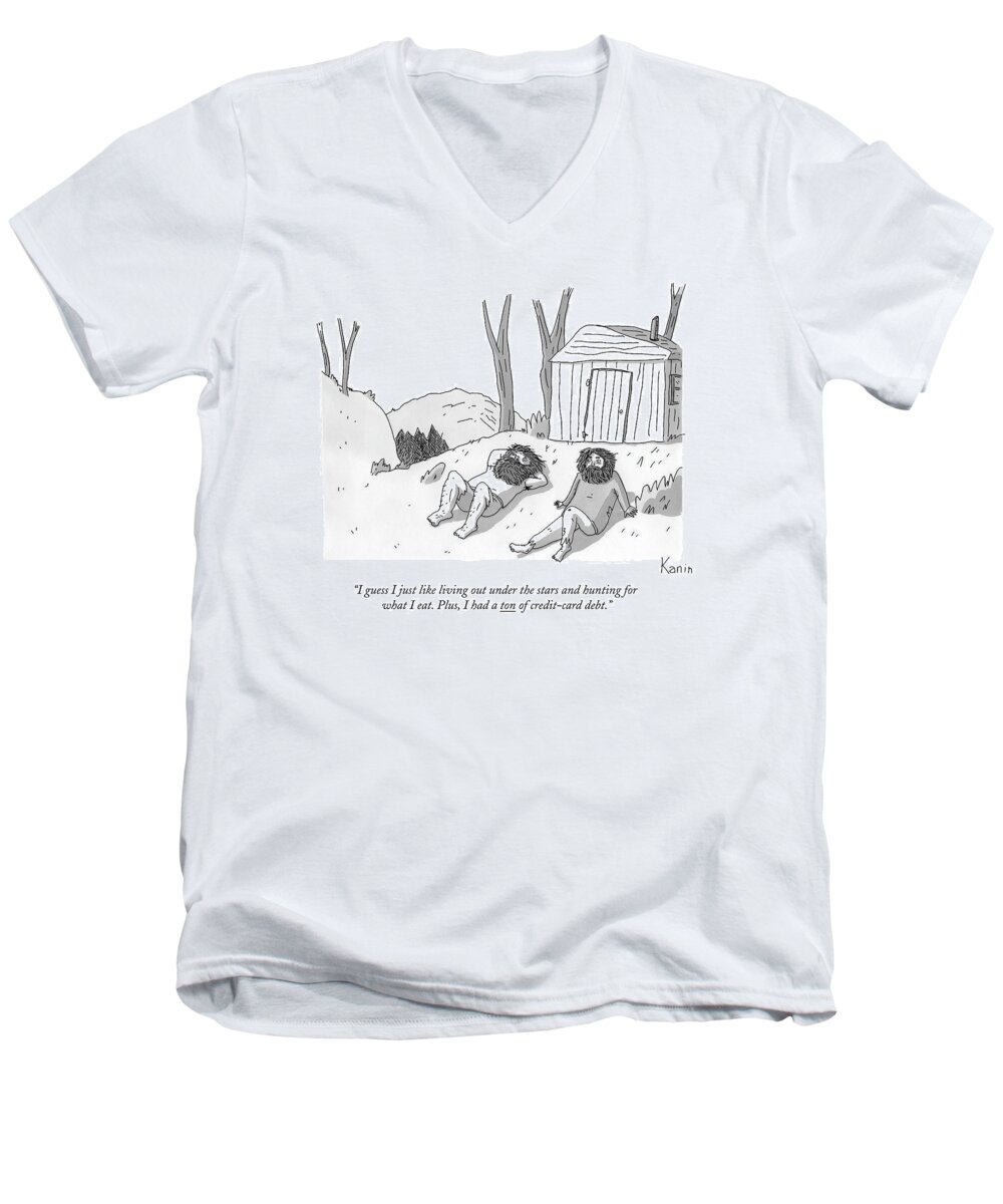 Credit Cards Men's V-Neck T-Shirt featuring the drawing Two Bearded Men In Torn Clothing Lie by Zachary Kanin