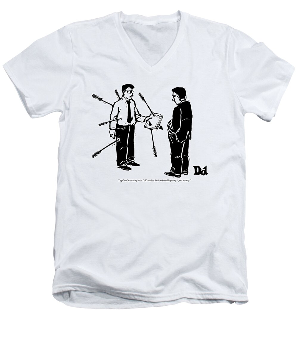 Archery Men's V-Neck T-Shirt featuring the drawing Two Businessmen Stand Together by Drew Dernavich