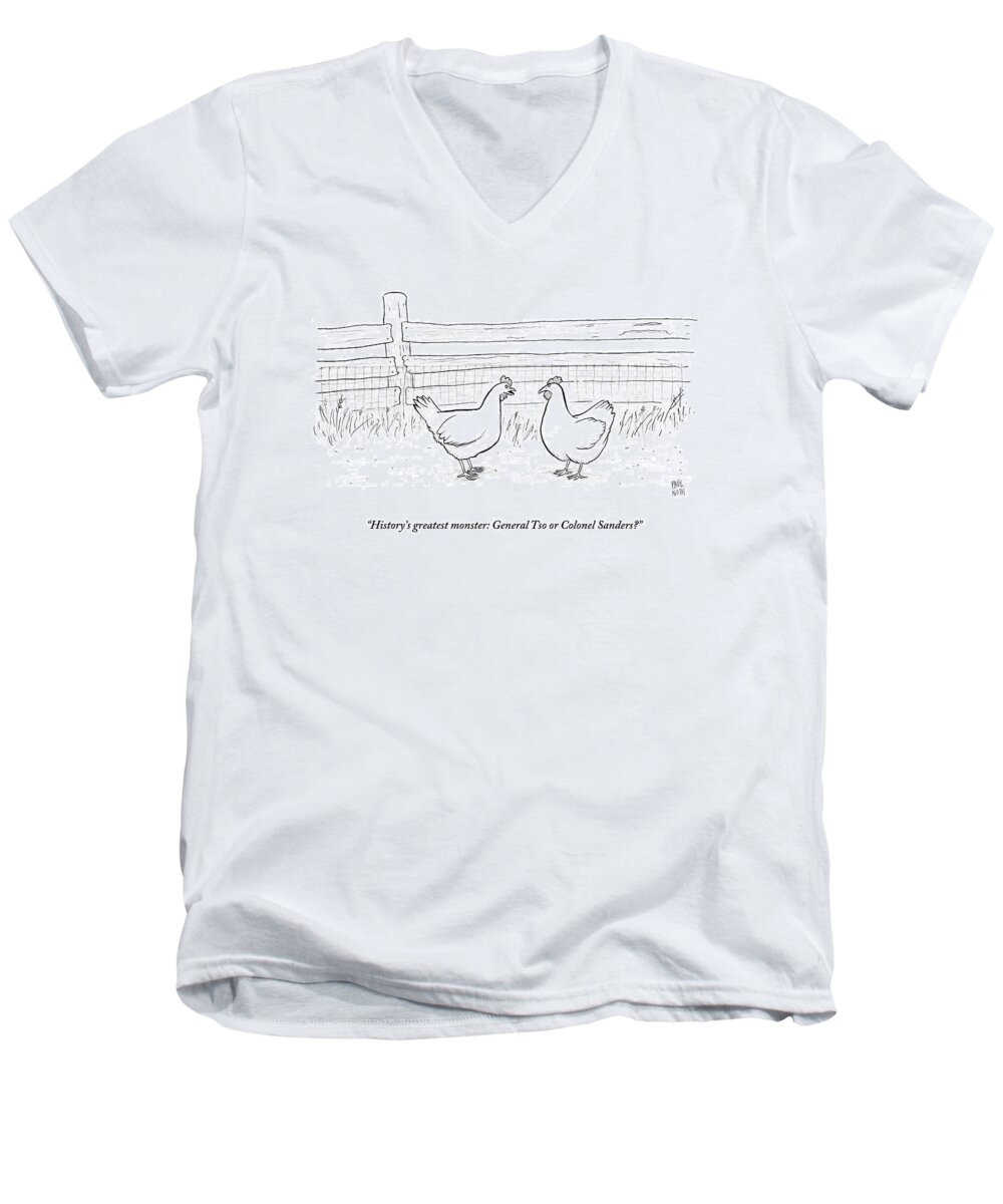 Chicken Men's V-Neck T-Shirt featuring the drawing Two Chickens Discuss History by Paul Noth