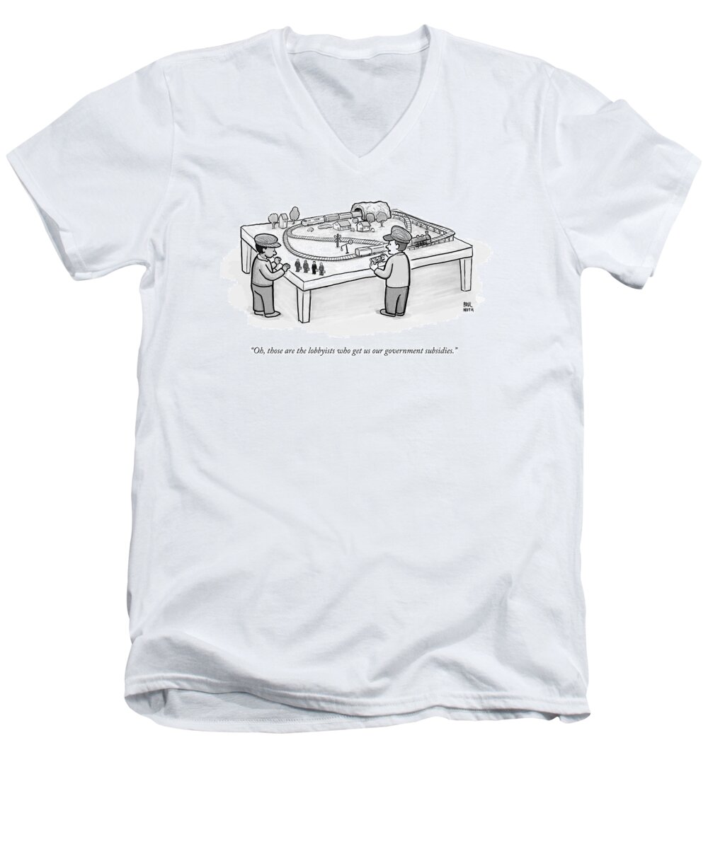 Trains Men's V-Neck T-Shirt featuring the drawing Two Children Play With A Toy Train Set by Paul Noth