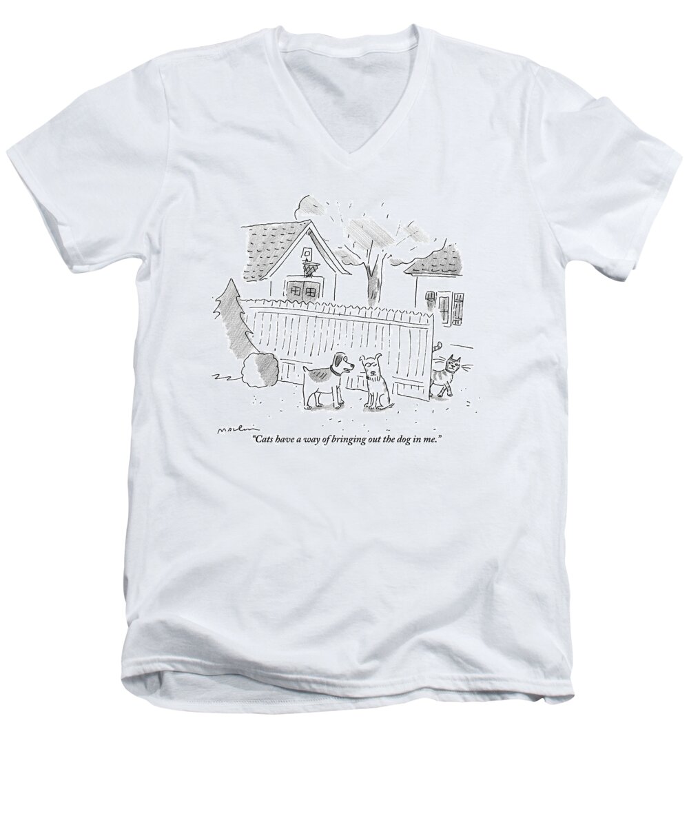 Dogs With Cats Men's V-Neck T-Shirt featuring the drawing Two Dogs Are Speaking With A Cat Walking Near By by Michael Maslin